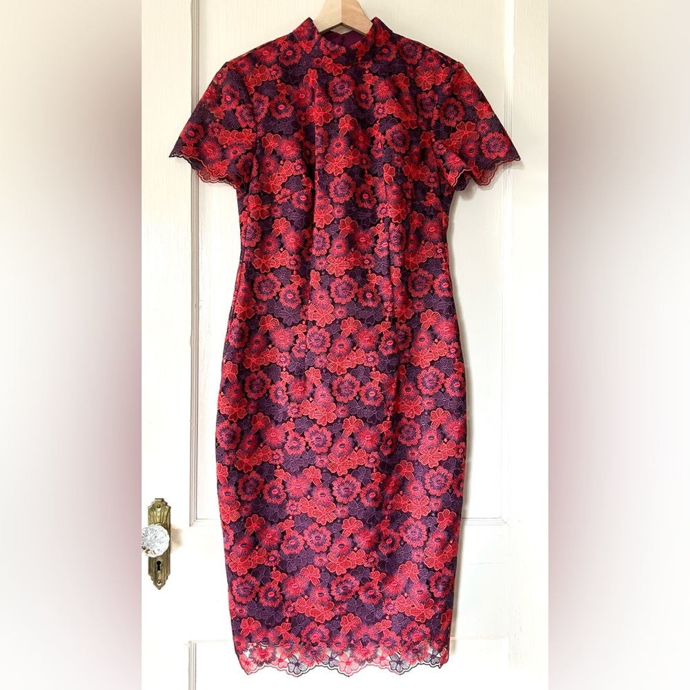 NWT Trina Turk Flashy Floral Lace Mock Neck Midi Dress Cranberry‎ Purple 2